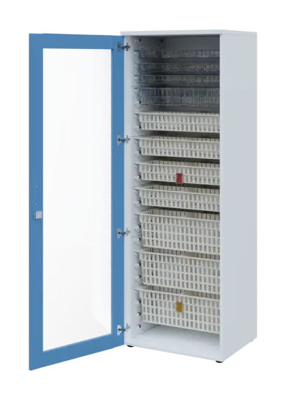 EUROMEDICA S - 66 skříň léková boxová, 1-dveřová/prosklená, levá, 1950x660x535, korpus bílý, dvířka pastelově modrá